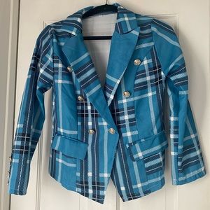 Turquoise plaid double breasted blazer